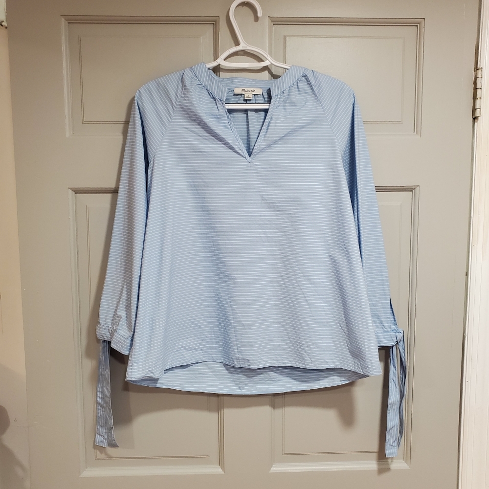 Madewell Blouse Women Size Small Light Blue Striped tie-sleeve popover top - Picture 3 of 12